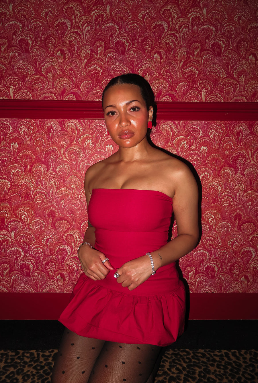 strapless red mini dress balloon skirt  bubble hem bodycon slim fit statement short puff poof tube dress drop waist flare everyday date night semi-stretchy lined form fitting international slow fashion mported independent designer brand small business sustainable ethical alma earrings red heart