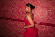strapless red mini dress balloon skirt  bubble hem bodycon slim fit statement short puff poof tube dress drop waist flare everyday date night semi-stretchy lined form fitting international slow fashion mported independent designer brand small business sustainable ethical alma earrings red heart