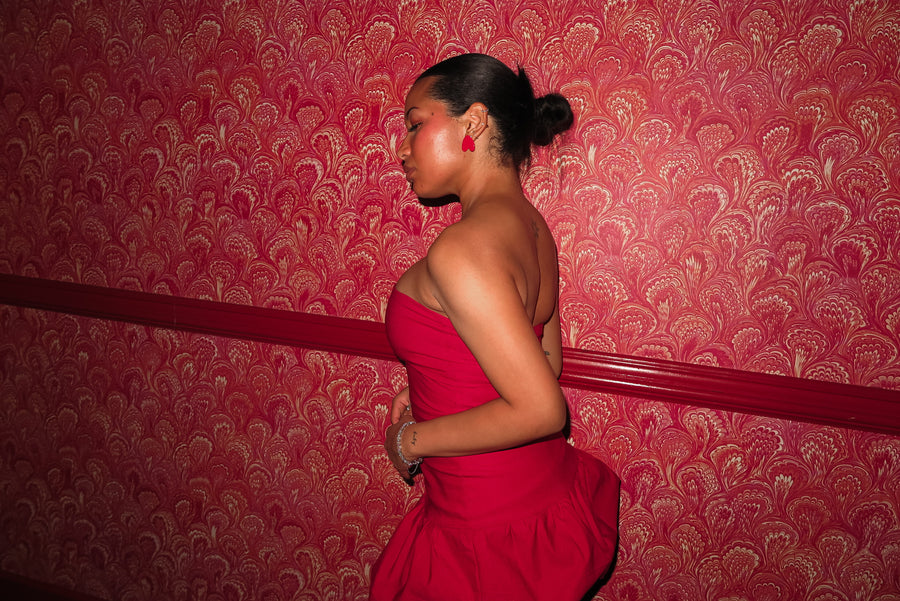 strapless red mini dress balloon skirt  bubble hem bodycon slim fit statement short puff poof tube dress drop waist flare everyday date night semi-stretchy lined form fitting international slow fashion mported independent designer brand small business sustainable ethical alma earrings red heart