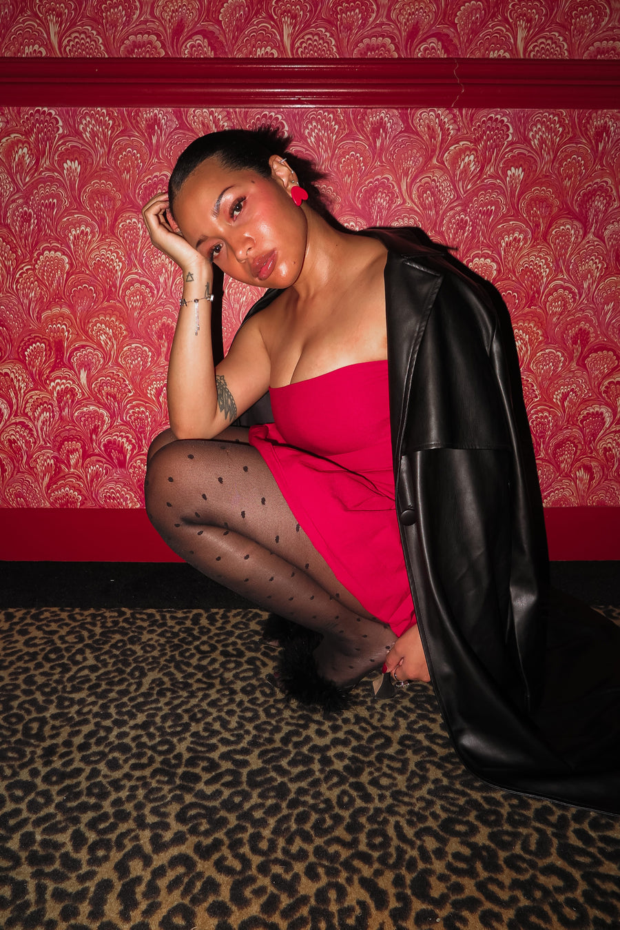 strapless red mini dress balloon skirt  bubble hem bodycon slim fit statement short puff poof tube dress drop waist flare everyday date night semi-stretchy lined form fitting international slow fashion mported independent designer brand small business sustainable ethical alma earrings red heart leather jacket trench coat