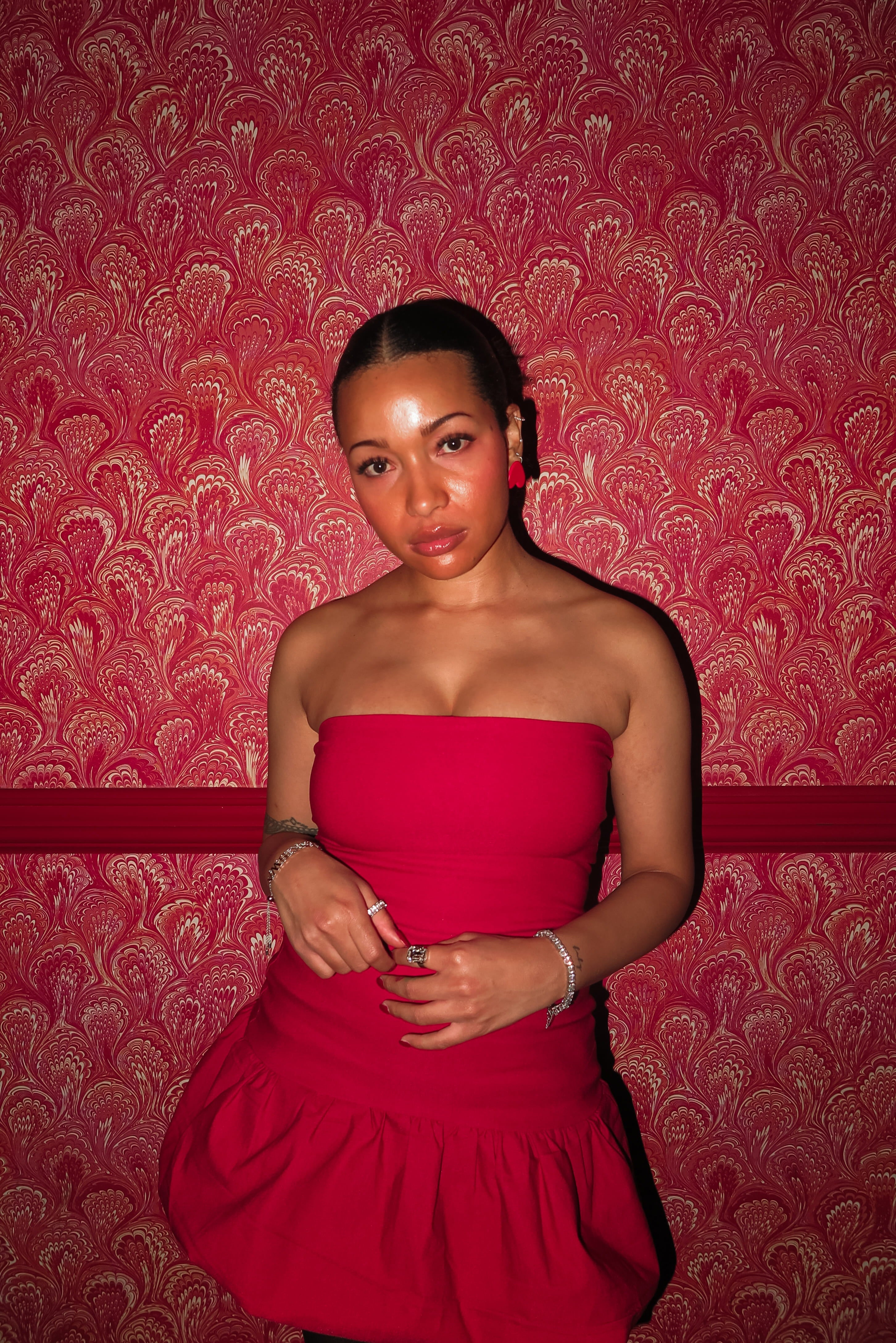 strapless red mini dress balloon skirt  bubble hem bodycon slim fit statement short puff poof tube dress drop waist flare everyday date night semi-stretchy lined form fitting international slow fashion mported independent designer brand small business sustainable ethical alma earrings red heart