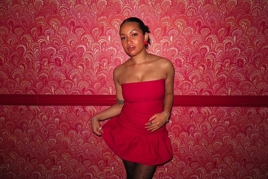 strapless red mini dress balloon skirt  bubble hem bodycon slim fit statement short puff poof tube dress drop waist flare everyday date night semi-stretchy lined form fitting international slow fashion mported independent designer brand small business sustainable ethical alma earrings red heart