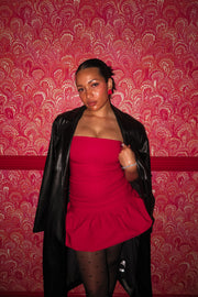 strapless red mini dress balloon skirt  bubble hem bodycon slim fit statement short puff poof tube dress drop waist flare everyday date night semi-stretchy lined form fitting international slow fashion mported independent designer brand small business sustainable ethical alma earrings red heart leather jacket trench coat