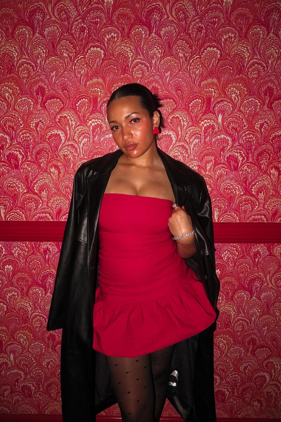 strapless red mini dress balloon skirt  bubble hem bodycon slim fit statement short puff poof tube dress drop waist flare everyday date night semi-stretchy lined form fitting international slow fashion mported independent designer brand small business sustainable ethical alma earrings red heart leather jacket trench coat