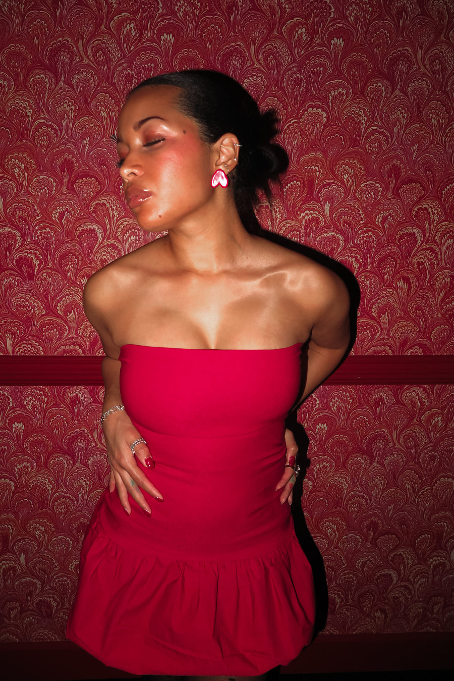 strapless red mini dress balloon skirt  bubble hem bodycon slim fit statement short puff poof tube dress drop waist flare everyday date night semi-stretchy lined form fitting international slow fashion mported independent designer brand small business sustainable ethical alma earrings red heart