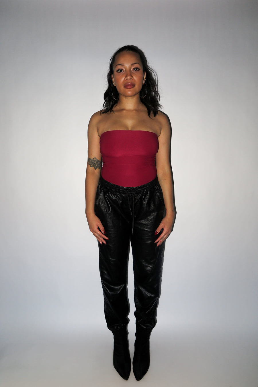 wine red maroon burgundy basic bodysuit strapless tube top one piece leotard stretchy yunifz xalapa monterrey mexico slow fashion international global handmade