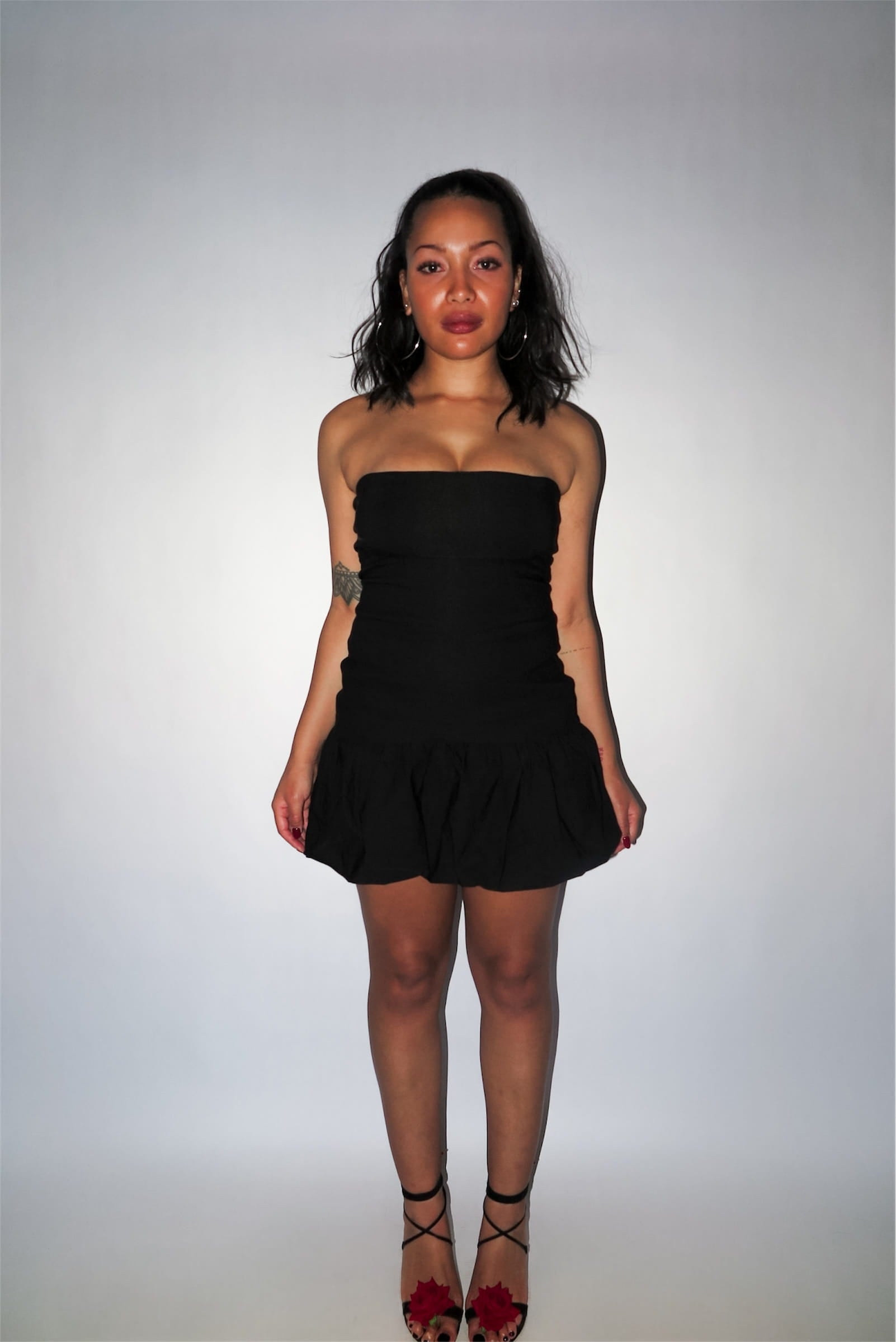 strapless black mini dress balloon skirt  bubble hem bodycon slim fit statement short puff poof tube dress drop waist flare everyday date night semi-stretchy lined form fitting international slow fashion mported independent designer brand small business sustainable ethical yunifz xalapa mexico