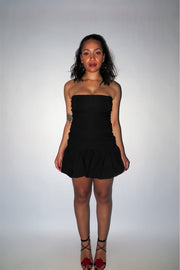 strapless black mini dress balloon skirt  bubble hem bodycon slim fit statement short puff poof tube dress drop waist flare everyday date night semi-stretchy lined form fitting international slow fashion mported independent designer brand small business sustainable ethical yunifz xalapa mexico