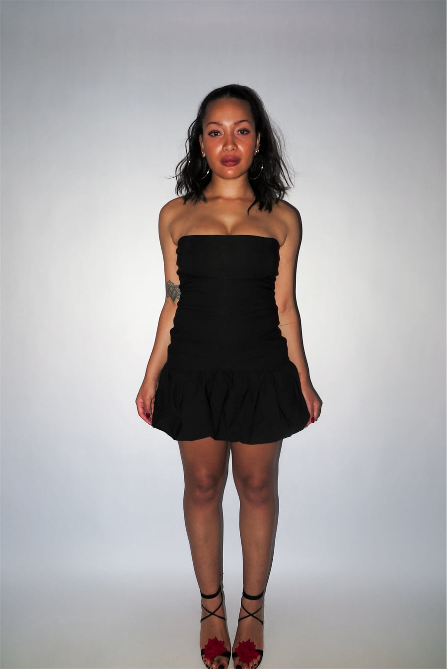strapless black mini dress balloon skirt  bubble hem bodycon slim fit statement short puff poof tube dress drop waist flare everyday date night semi-stretchy lined form fitting international slow fashion mported independent designer brand small business sustainable ethical yunifz xalapa mexico