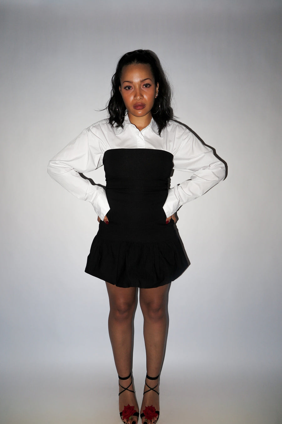 strapless black mini dress balloon skirt  bubble hem bodycon slim fit statement short puff poof tube dress drop waist flare everyday date night semi-stretchy lined form fitting international slow fashion mported independent designer brand small business sustainable ethical yunifz xalapa mexico
