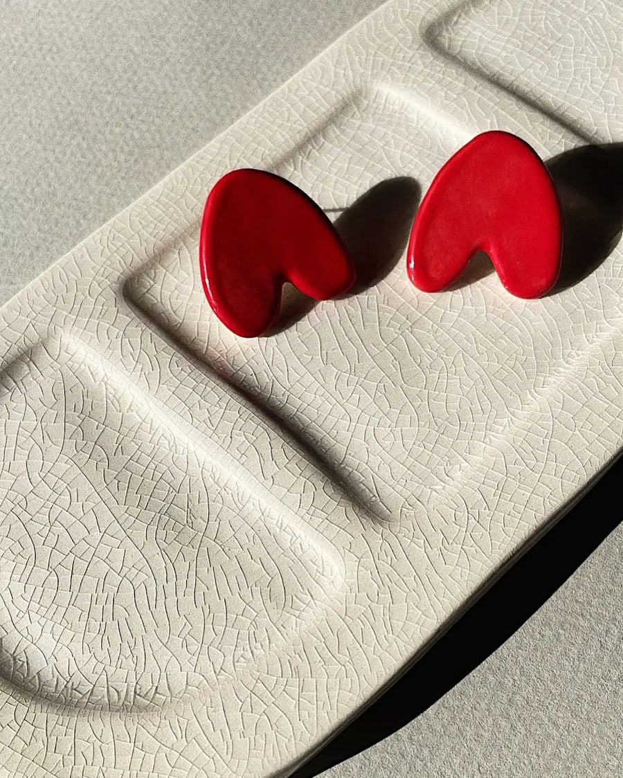 Blanca Olmos Studio Alma Earrings Red upside down heart shape hand made spain albacete stud ceramic stainless steel international slow fashion emerging designer global brand free delivery independent imported imitation costume jewelry accessory