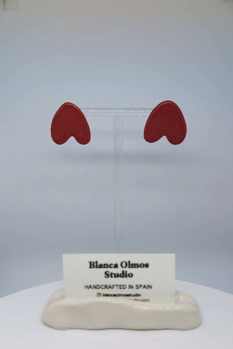 Blanca Olmos Studio Alma Earrings Red upside down heart shape hand made spain albacete stud ceramic stainless steel international slow fashion emerging designer global brand free delivery independent imported imitation costume jewelry accessory