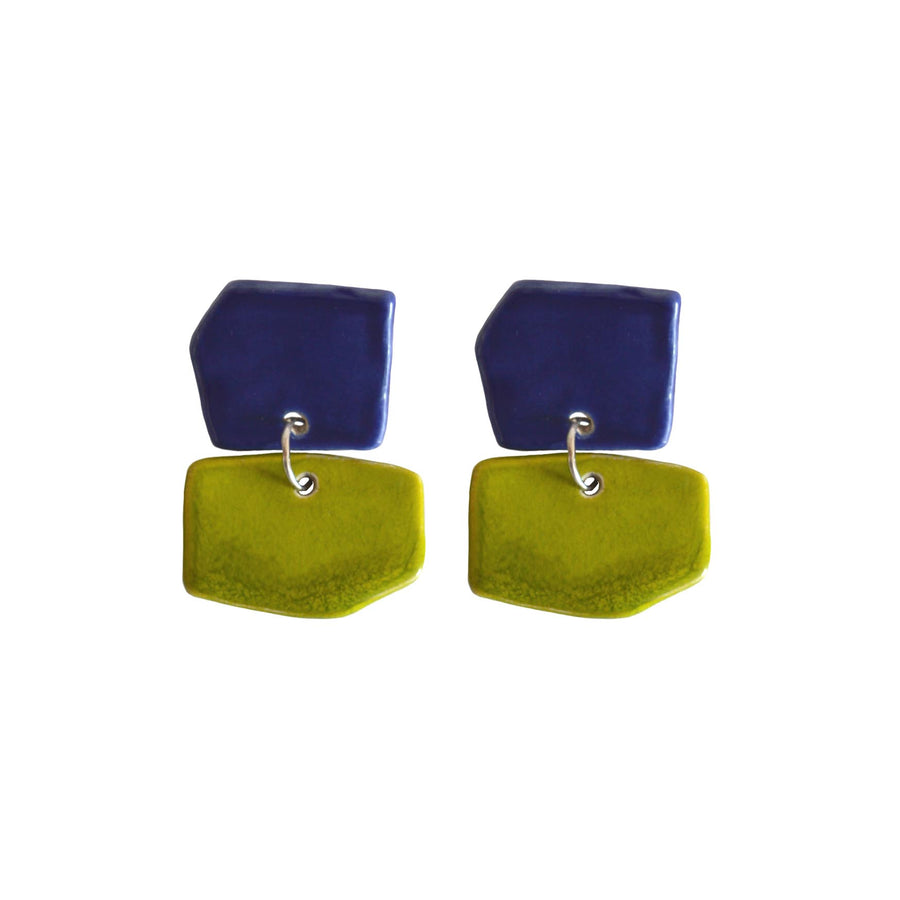 Blanca Olmos Studio Aura Earrings Blue Lime Green drop dangle geometric organic shape hand made spain albacete stud ceramic stainless steel international slow fashion emerging designer global brand free delivery independent imported imitation costume jewelry accessory