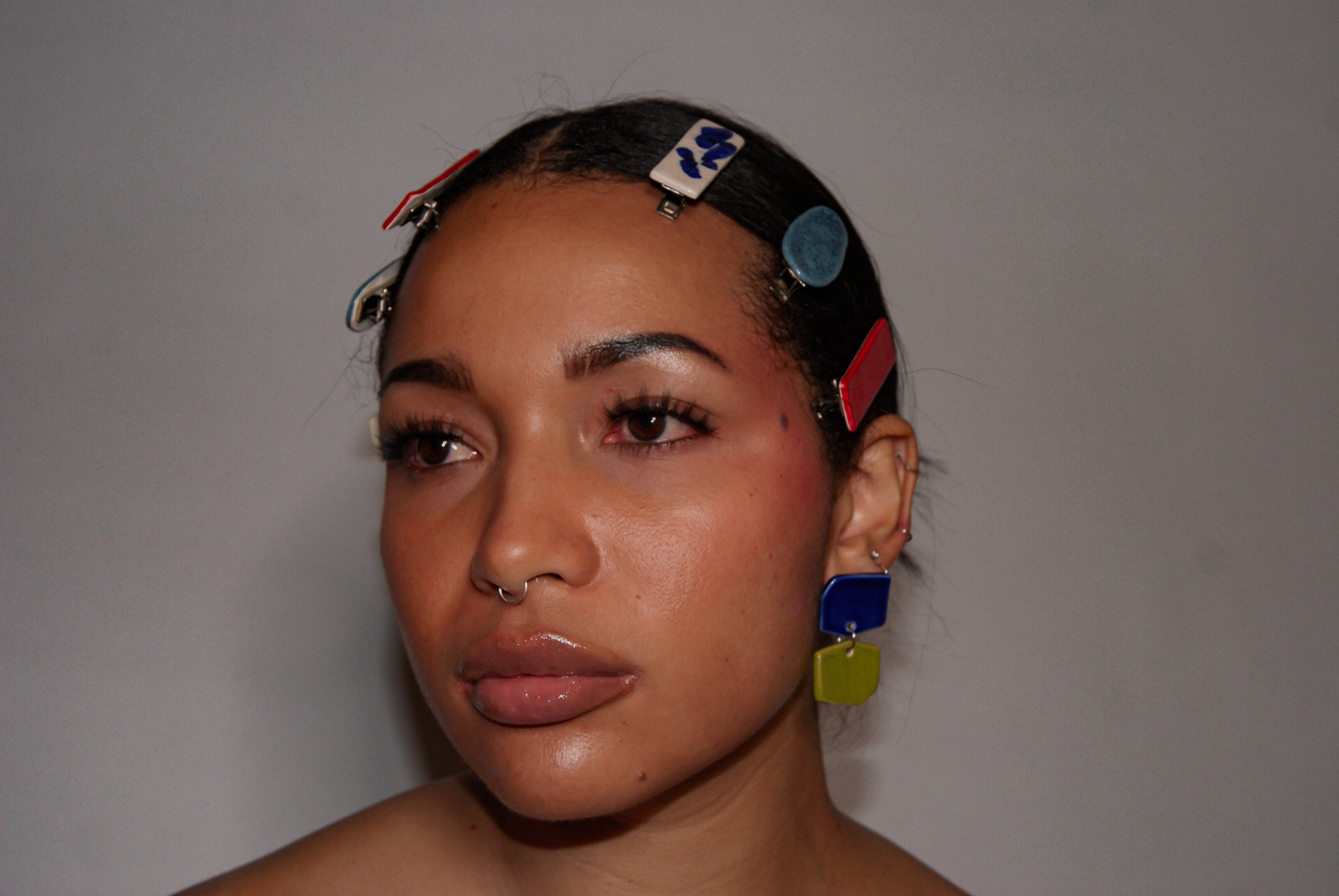 Blanca Olmos Studio Aura Earrings Pink Turquoise Blue Lime Green drop dangle geometric organic shape hand made spain albacete stud ceramic stainless steel hair clip accessory red blue speckled blue white barrette glazed glossy international slow fashion emerging designer global brand free delivery independent imported imitation costume jewelry