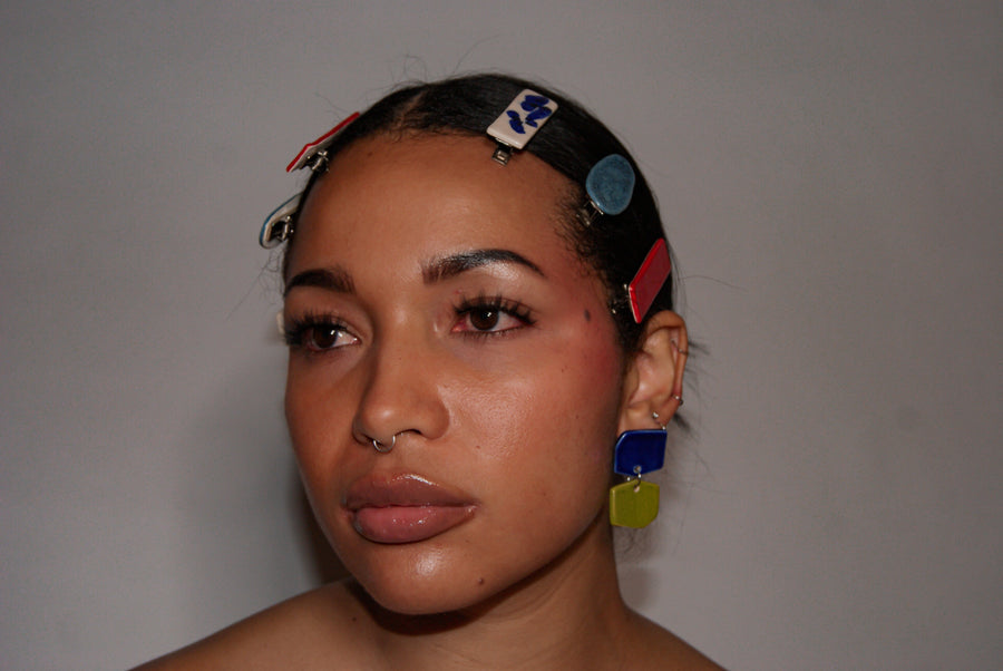 Blanca Olmos Studio Aura Earrings Pink Turquoise Blue Lime Green drop dangle geometric organic shape hand made spain albacete stud ceramic stainless steel hair clip accessory red blue speckled blue white barrette glazed glossy international slow fashion emerging designer global brand free delivery independent imported imitation costume jewelry