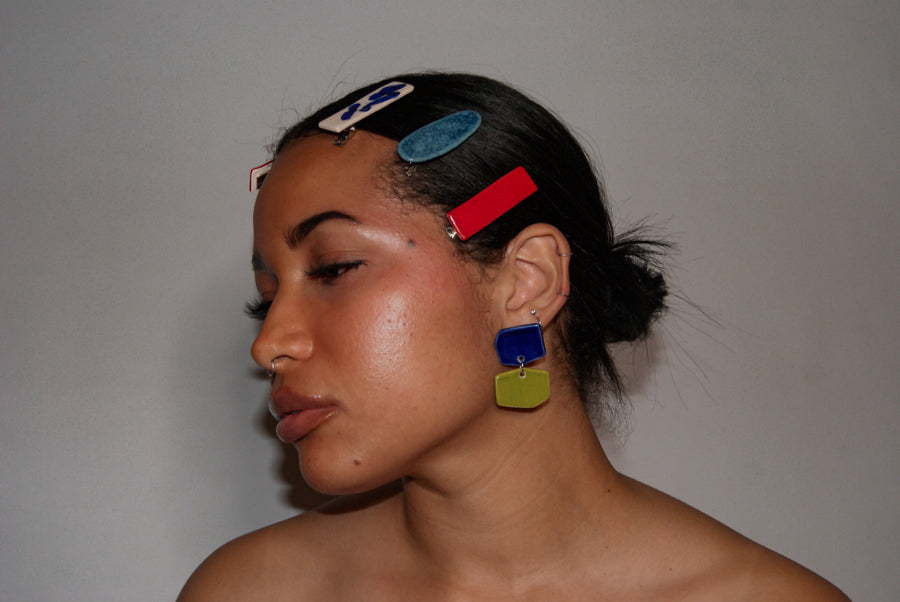 Blanca Olmos Studio Aura Earrings Pink Turquoise Blue Lime Green drop dangle geometric organic shape hand made spain albacete stud ceramic stainless steel hair clip accessory red blue speckled blue white barrette glazed glossy international slow fashion emerging designer global brand free delivery independent imported imitation costume jewelry