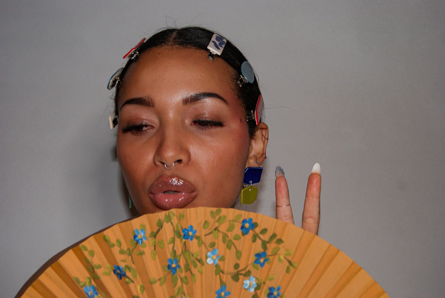 Blanca Olmos Studio Aura Earrings Pink Turquoise Blue Lime Green drop dangle geometric organic shape hand made spain albacete stud ceramic stainless steel hair clip accessory red blue speckled blue white barrette glazed glossy international slow fashion emerging designer global brand free delivery independent imported imitation costume jewelry