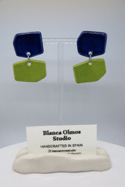 Blanca Olmos Studio Aura Earrings Blue Lime Green drop dangle geometric organic shape hand made spain albacete stud ceramic stainless steel international slow fashion emerging designer global brand free delivery independent imported imitation costume jewelry accessory