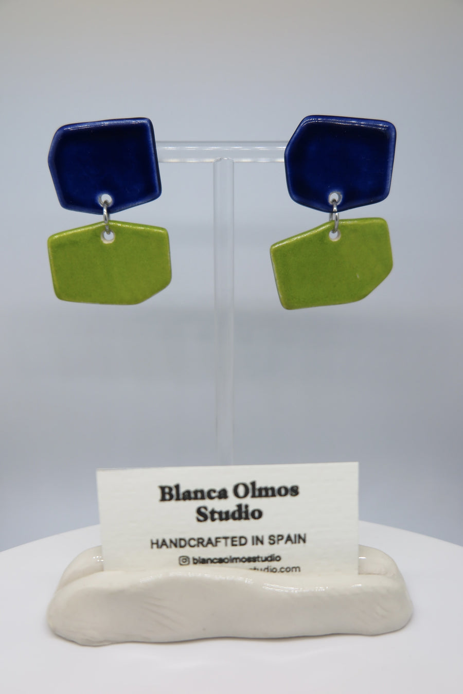 Blanca Olmos Studio Aura Earrings Blue Lime Green drop dangle geometric organic shape hand made spain albacete stud ceramic stainless steel international slow fashion emerging designer global brand free delivery independent imported imitation costume jewelry accessory
