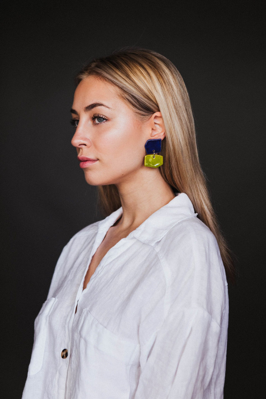 Blanca Olmos Studio Aura Earrings Blue Lime Green drop dangle geometric organic shape hand made spain albacete stud ceramic stainless steel international slow fashion emerging designer global brand free delivery independent imported imitation costume jewelry accessory