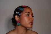 Blanca Olmos Studio Aura Earrings Pink Turquoise drop dangle geometric organic shape hand made spain albacete stud ceramic stainless steel hair clip accessory red blue speckled blue white barrette glazed glossy international slow fashion emerging designer global brand free delivery independent imported imitation costume jewelry