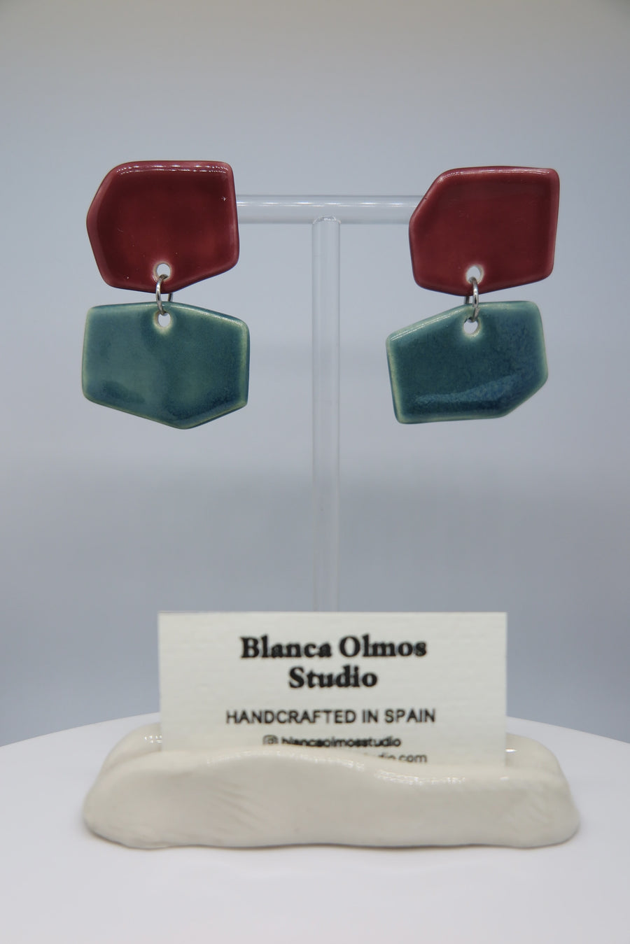 Blanca Olmos Studio Aura Earrings Pink Turquoise drop dangle geometric organic shape hand made spain albacete stud ceramic stainless steel international slow fashion emerging designer global brand free delivery independent imported imitation costume jewelry accessory