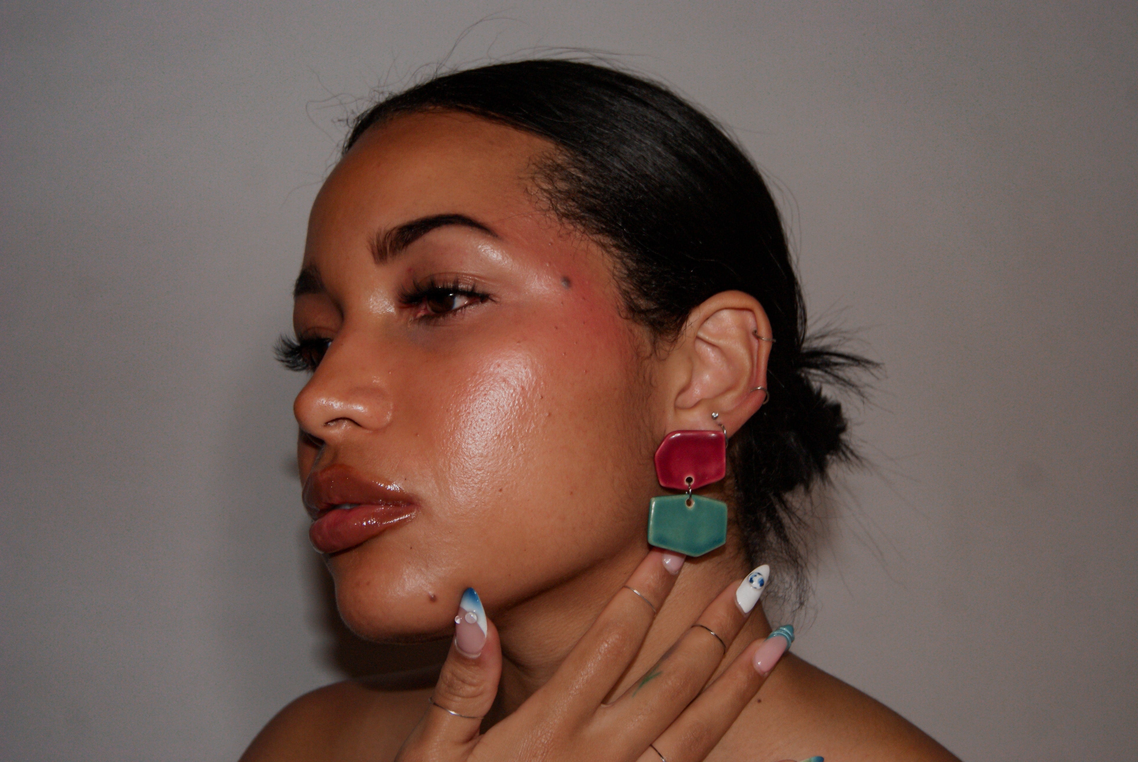 Blanca Olmos Studio Aura Earrings Pink Turquoise drop dangle geometric organic shape hand made spain albacete stud ceramic stainless steel international slow fashion emerging designer global brand free delivery independent imported imitation costume jewelry accessory