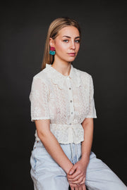 Blanca Olmos Studio Aura Earrings Pink Turquoise drop dangle geometric organic shape hand made spain albacete stud ceramic stainless steel international slow fashion emerging designer global brand free delivery independent imported imitation costume jewelry accessory