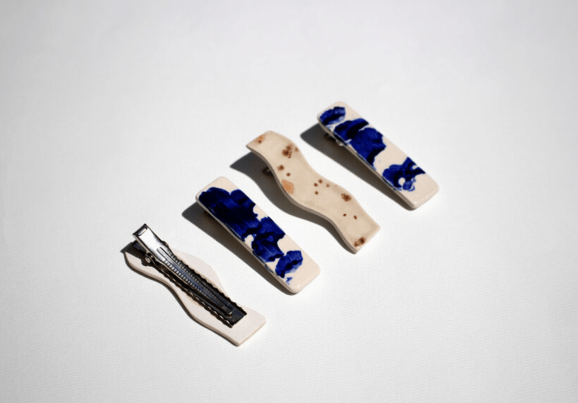 Blanca Olmos Studio Ceramic Hair Clip Accessory Blue White pattern barrette glazed glossy geometric organic shape hand made spain albacete stainless steel  international slow fashion emerging designer global brand free delivery independent imported