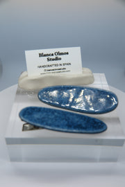 Blanca Olmos Studio Ceramic Hair Clip Blue Speckled hand made spain albacete ceramic stainless steel hair accessory barrette glazed glossy international slow fashion emerging designer global brand free delivery independent imported 
