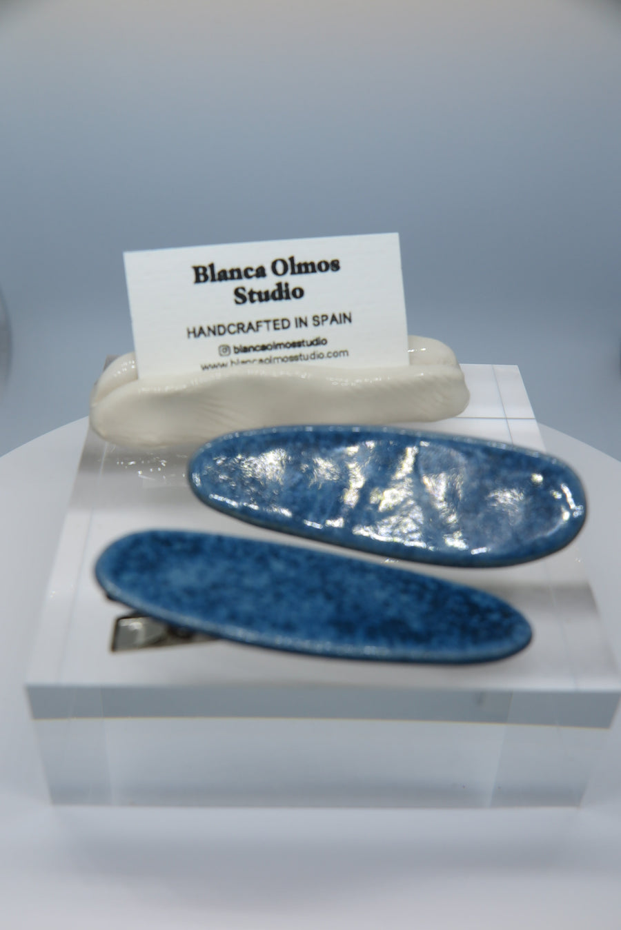 Blanca Olmos Studio Ceramic Hair Clip Blue Speckled hand made spain albacete ceramic stainless steel hair accessory barrette glazed glossy international slow fashion emerging designer global brand free delivery independent imported 