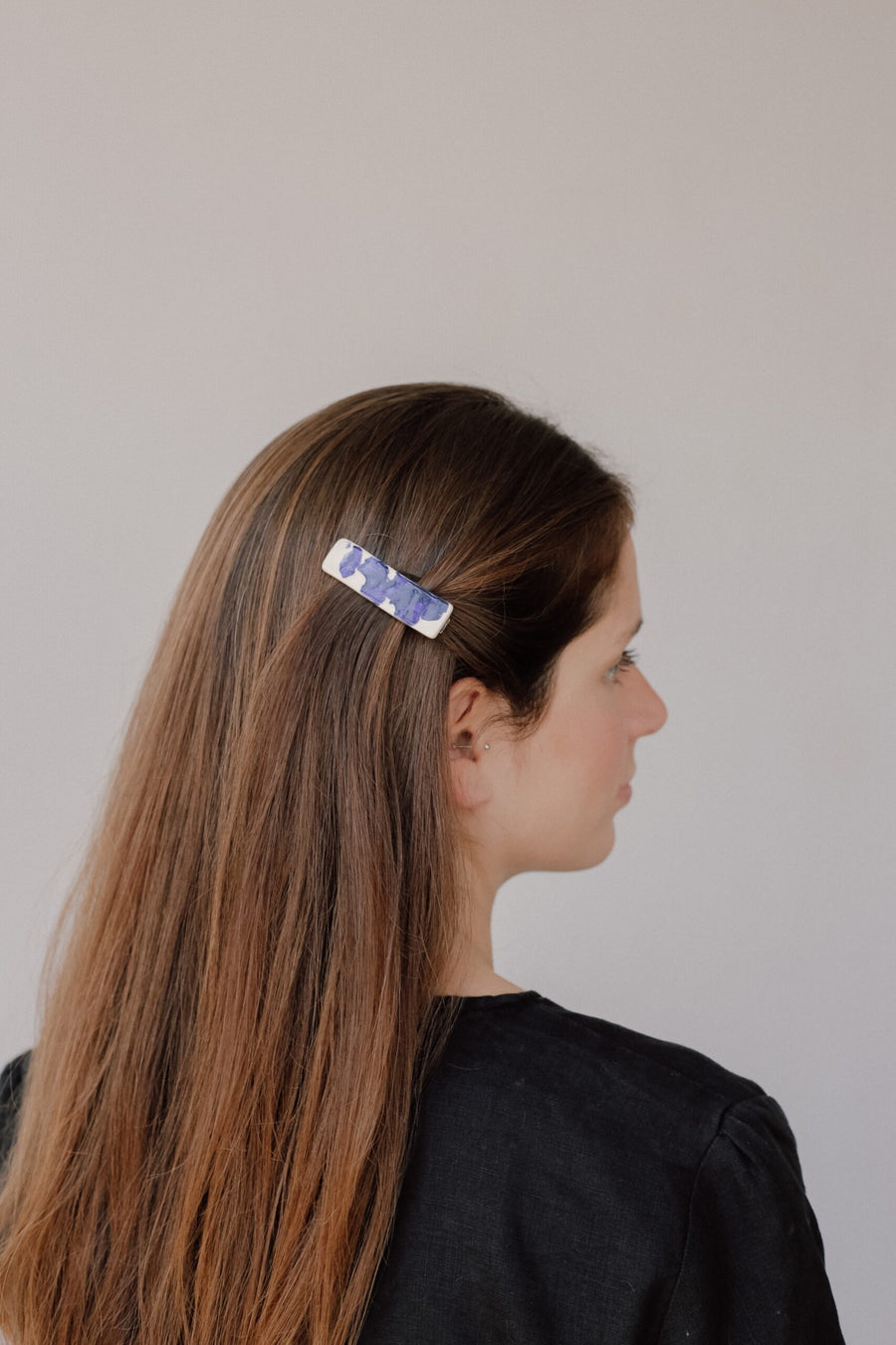 Blanca Olmos Studio Ceramic Hair Clip Accessory Blue White pattern barrette glazed glossy geometric organic shape hand made spain albacete stainless steel  international slow fashion emerging designer global brand free delivery independent imported