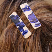 Blanca Olmos Studio Ceramic Hair Clip Accessory Blue White pattern barrette glazed glossy geometric organic shape hand made spain albacete stainless steel  international slow fashion emerging designer global brand free delivery independent imported