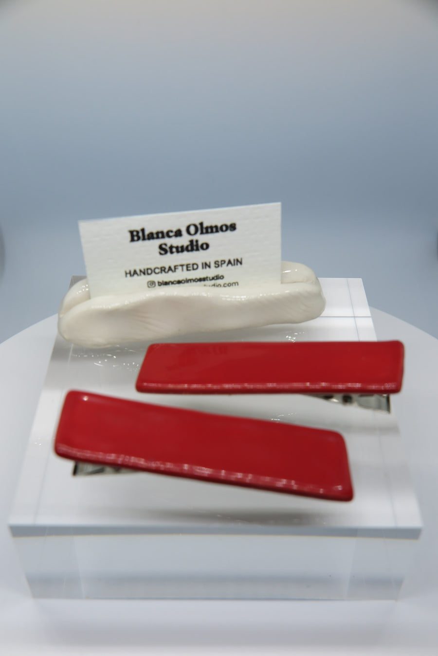 Blanca Olmos Studio Ceramic Hair Clip Red hand made spain albacete ceramic stainless steel hair accessory barrette glazed glossy international slow fashion emerging designer global brand free delivery independent imported 