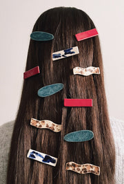 Blanca Olmos Studio Ceramic Hair Clip Accessory Blue Speckled Red Blue White barrette glazed glossy geometric organic shape hand made spain albacete stainless steel  international slow fashion emerging designer global brand free delivery independent imported