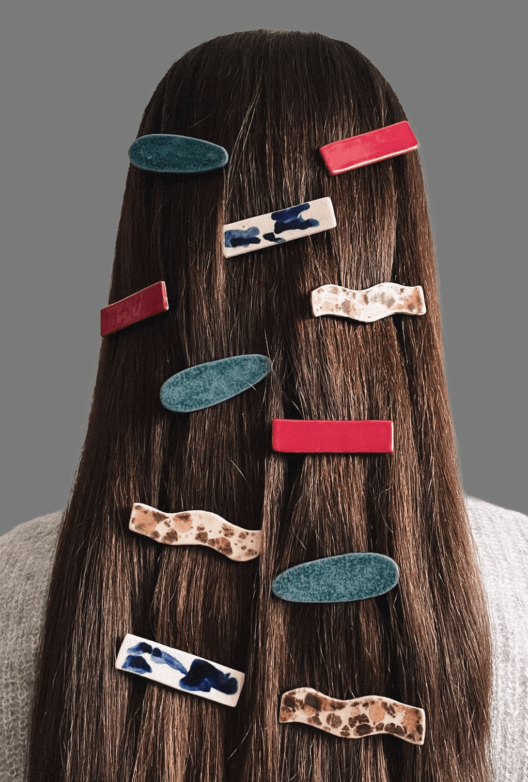 Blanca Olmos Studio Ceramic Hair Clip Accessory Blue Speckled Red Blue White barrette glazed glossy geometric organic shape hand made spain albacete stainless steel  international slow fashion emerging designer global brand free delivery independent imported