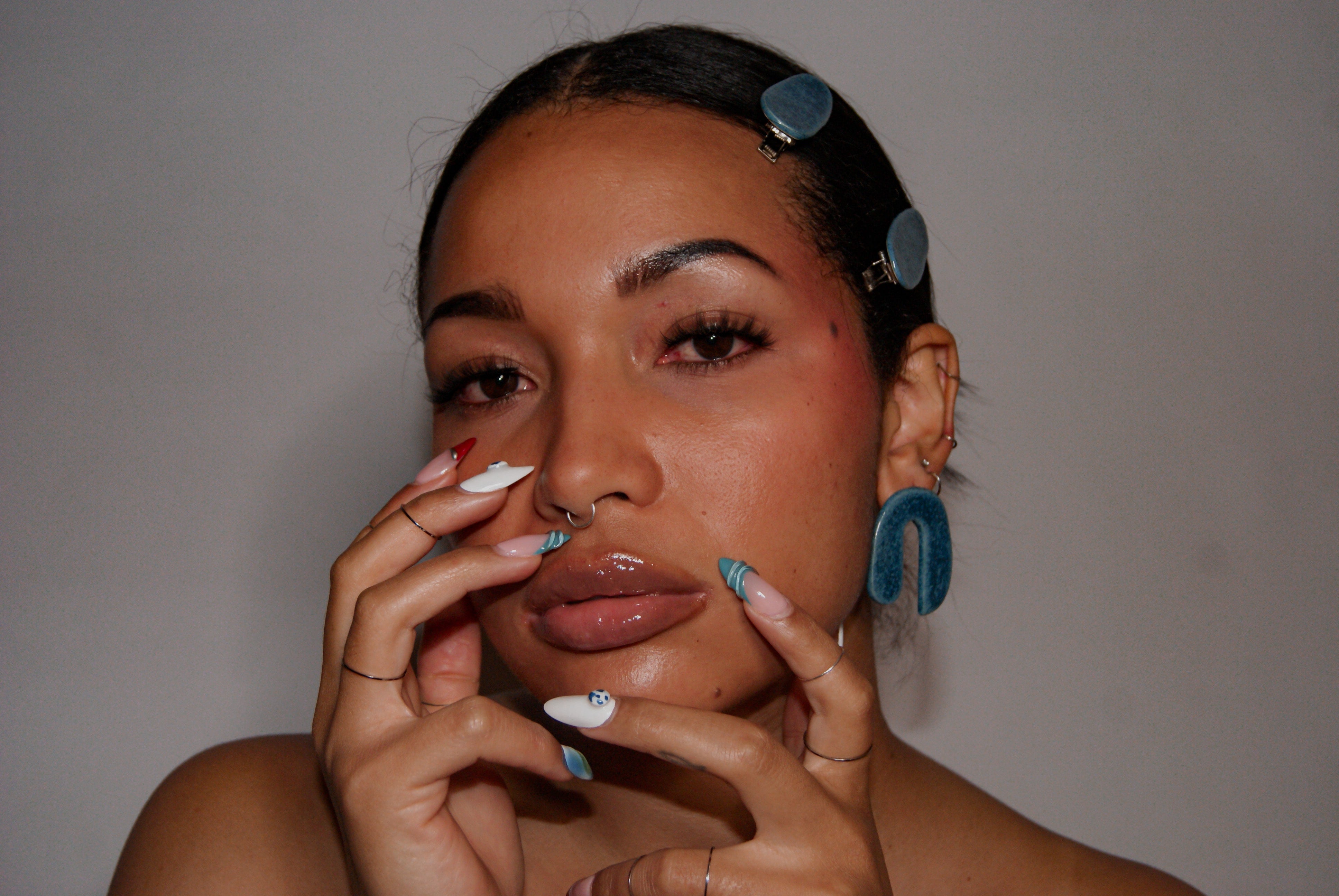 Blanca Olmos Studio Valentina Earrings Blue Speckled u shape hand made spain albacete stud drop pattern ceramic hair clip accessory stainless steel international slow fashion emerging designer global brand free delivery independent imported imitation costume jewelry accessory