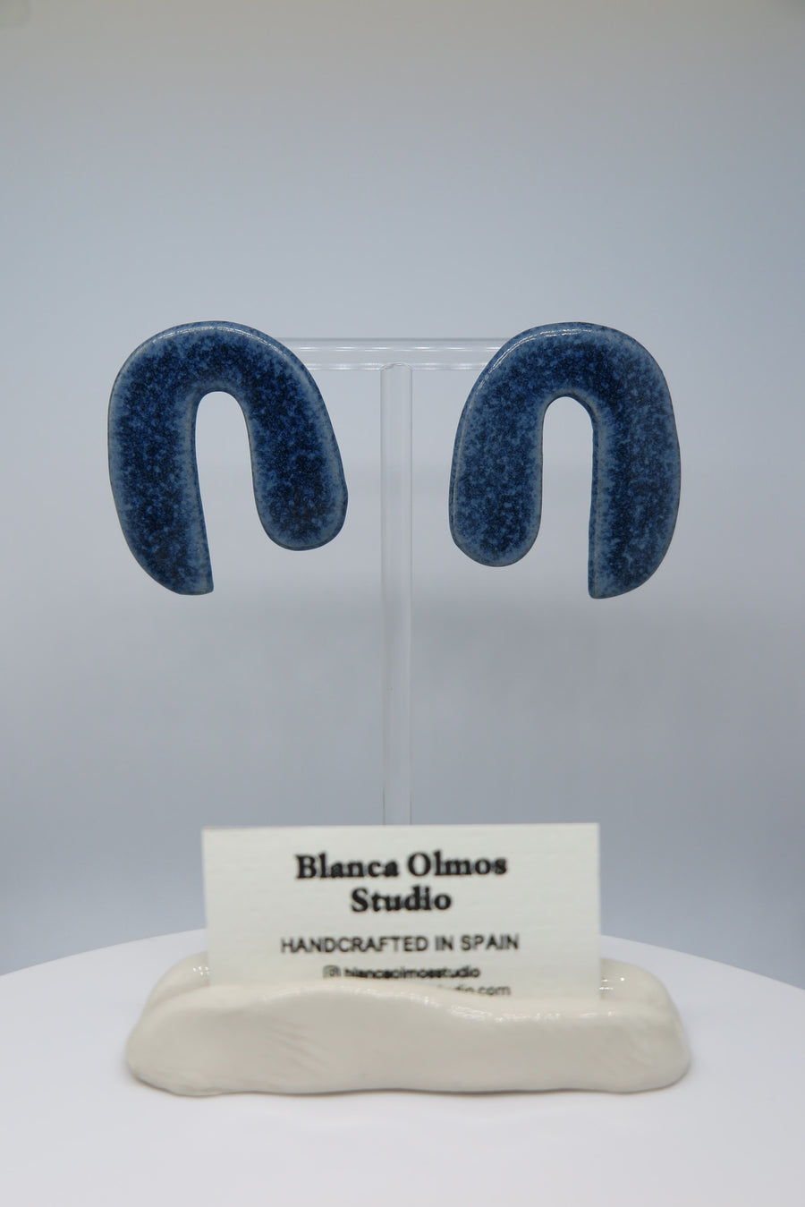 Blanca Olmos Studio Valentina Earrings Blue Speckled u shape hand made spain albacete stud drop pattern ceramic stainless steel international slow fashion emerging designer global brand free delivery independent imported imitation costume jewelry accessory