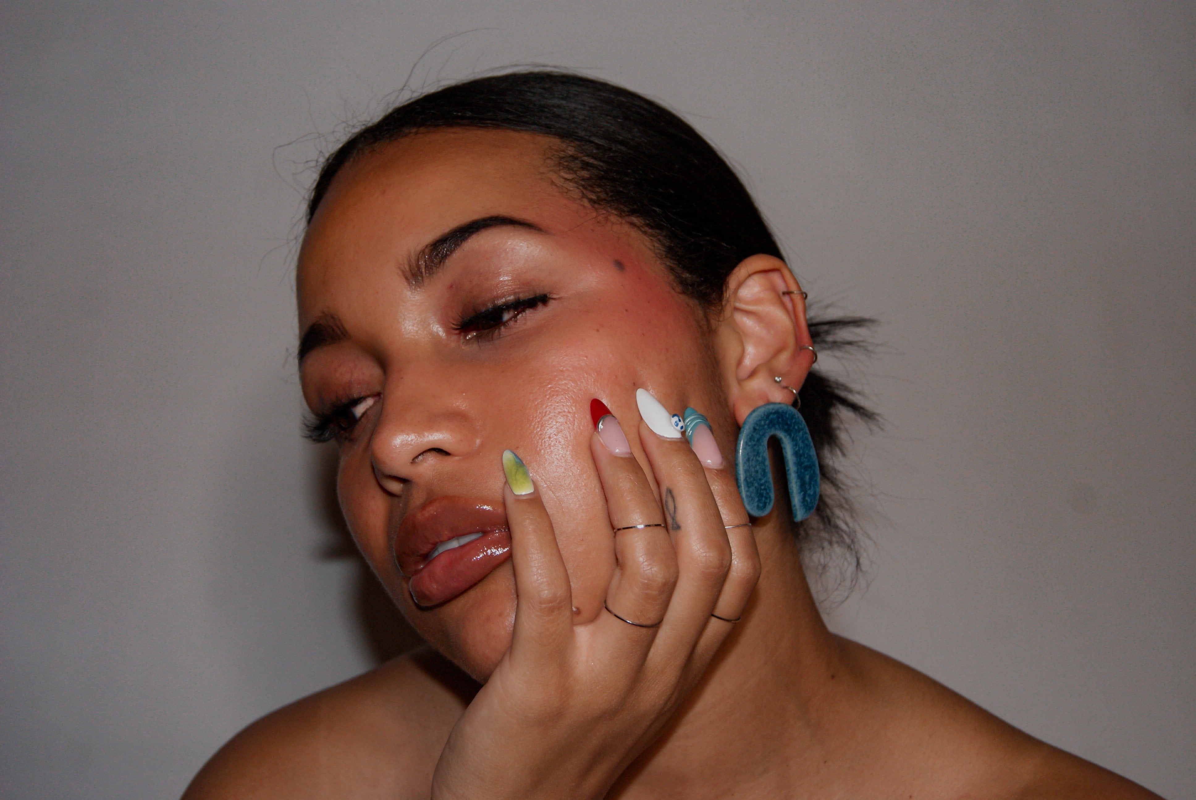 Blanca Olmos Studio Valentina Earrings Blue Speckled u shape hand made spain albacete stud drop pattern ceramic stainless steel international slow fashion emerging designer global brand free delivery independent imported imitation costume jewelry accessory