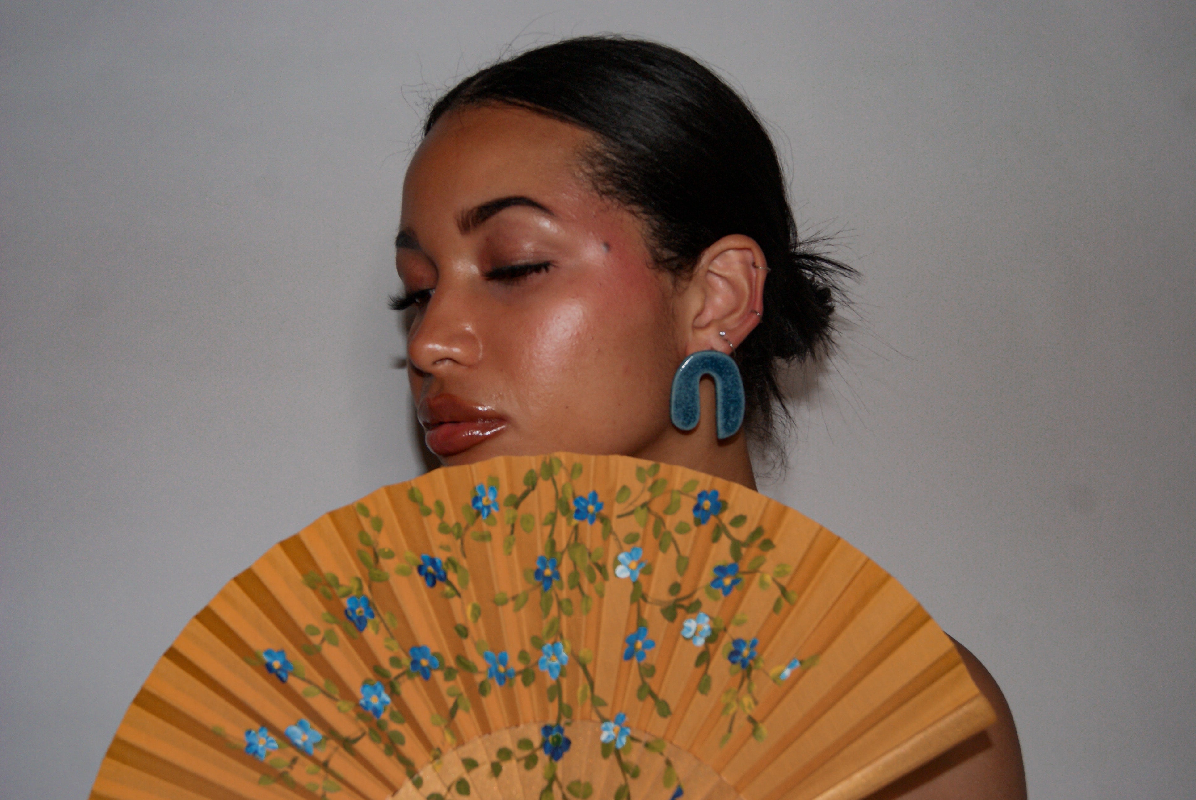 Blanca Olmos Studio Valentina Earrings Blue Speckled u shape hand made spain albacete stud drop pattern ceramic stainless steel international slow fashion emerging designer global brand free delivery independent imported imitation costume jewelry accessory