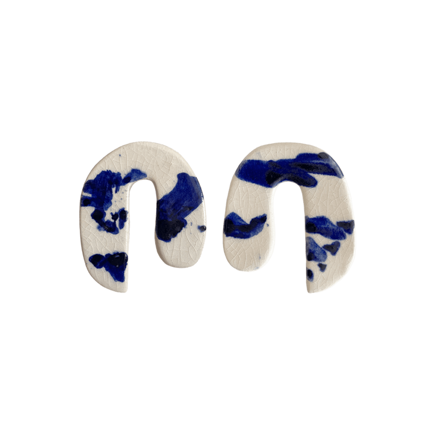 Blanca Olmos Studio Valentina Earrings Blue White u shape hand made spain albacete stud drop pattern ceramic stainless steel international slow fashion emerging designer global brand free delivery independent imported imitation costume jewelry accessory