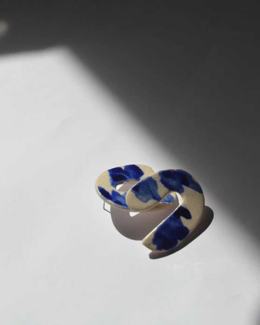 Blanca Olmos Studio Valentina Earrings Blue White u shape hand made spain albacete stud drop pattern ceramic stainless steel international slow fashion emerging designer global brand free delivery independent imported imitation costume jewelry accessory
