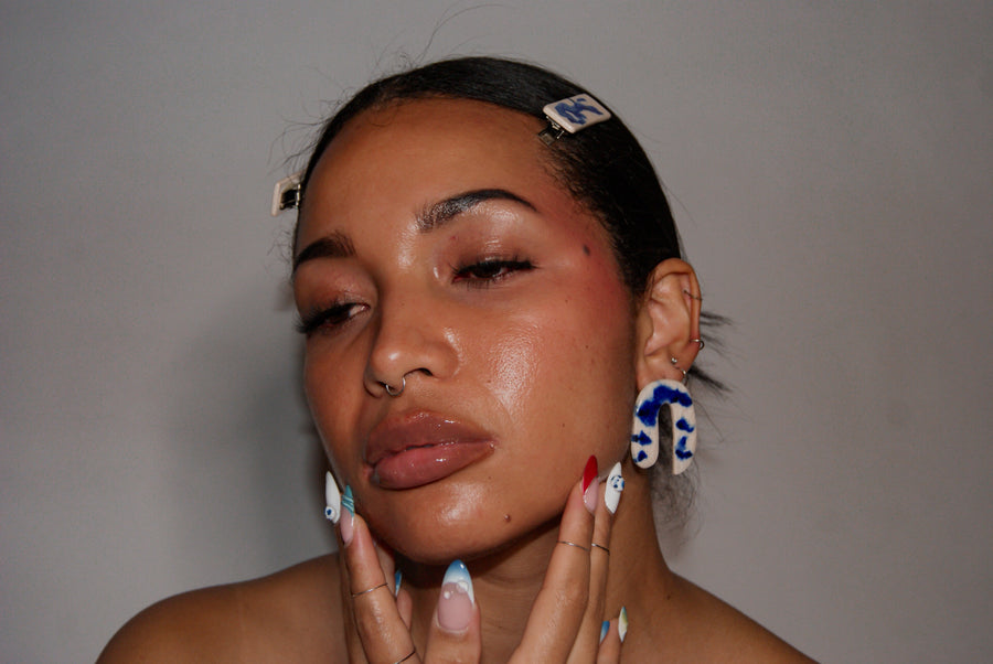 Blanca Olmos Studio Valentina Earrings Blue White u shape hand made spain albacete stud drop pattern ceramic hair clip accessory blue white pattern stainless steel international slow fashion emerging designer global brand free delivery independent imported imitation costume jewelry