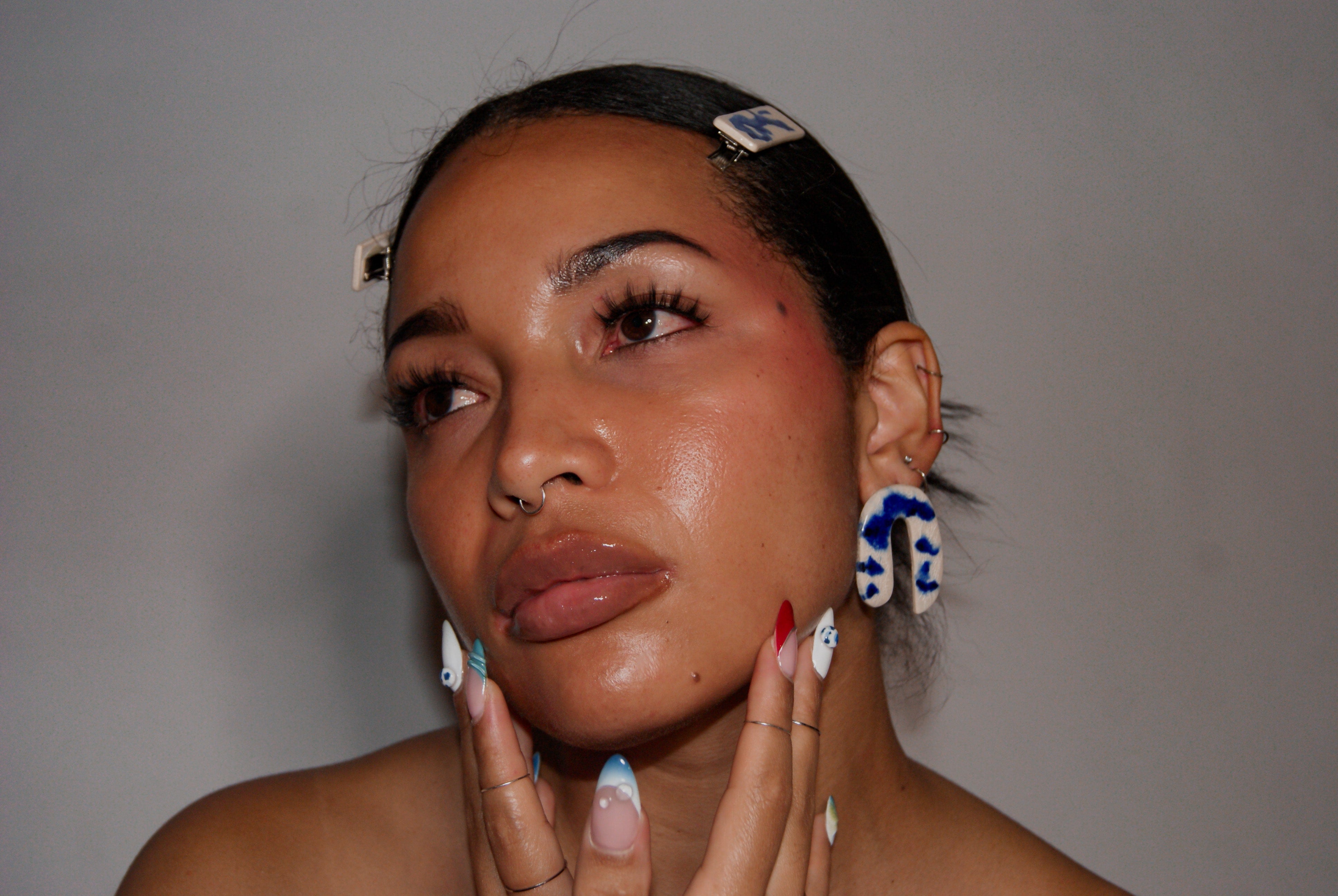 Blanca Olmos Studio Valentina Earrings Blue White u shape hand made spain albacete stud drop pattern ceramic hair clip accessory blue white pattern stainless steel international slow fashion emerging designer global brand free delivery independent imported imitation costume jewelry