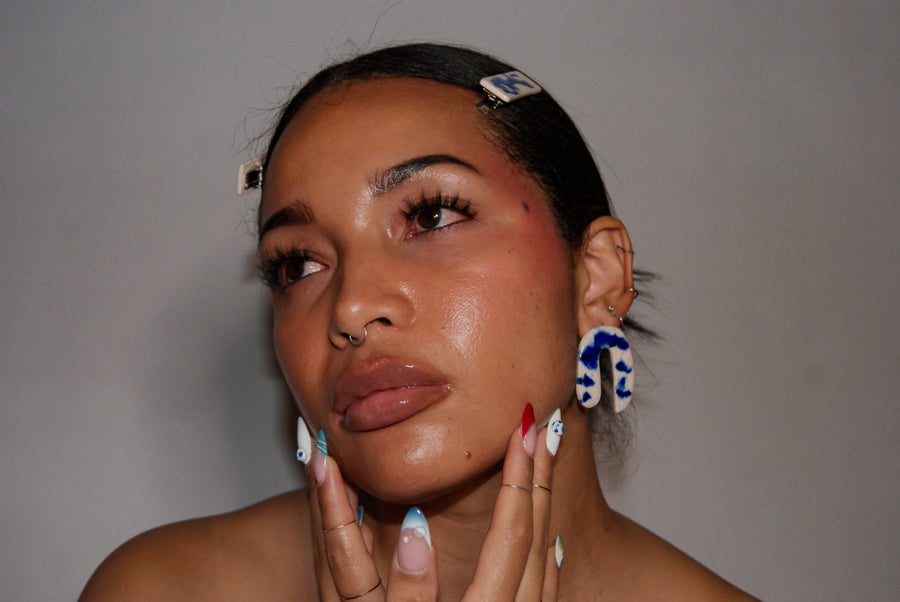 Blanca Olmos Studio Valentina Earrings Blue White u shape hand made spain albacete stud drop pattern ceramic hair clip accessory blue white pattern stainless steel international slow fashion emerging designer global brand free delivery independent imported imitation costume jewelry