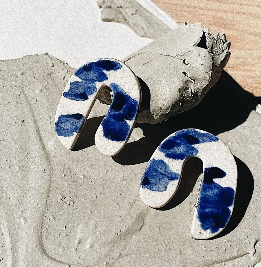 Blanca Olmos Studio Valentina Earrings Blue White u shape hand made spain albacete stud drop pattern ceramic stainless steel international slow fashion emerging designer global brand free delivery independent imported imitation costume jewelry accessory