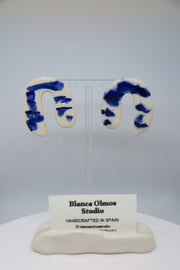 Blanca Olmos Studio Valentina Earrings Blue White u shape hand made spain albacete stud drop pattern ceramic stainless steel international slow fashion emerging designer global brand free delivery independent imported imitation costume jewelry accessory