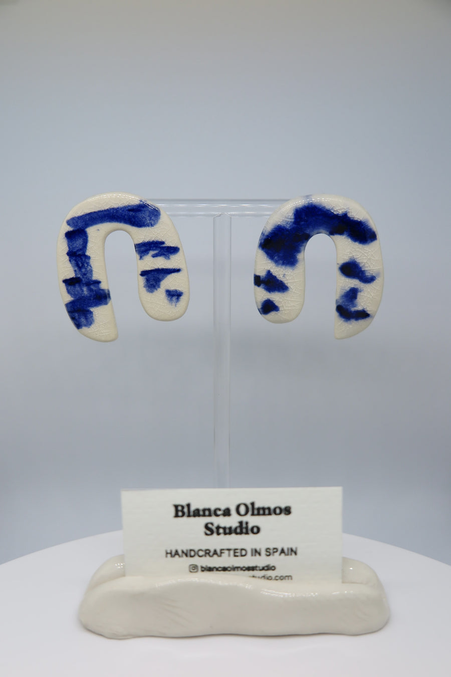 Blanca Olmos Studio Valentina Earrings Blue White u shape hand made spain albacete stud drop pattern ceramic stainless steel international slow fashion emerging designer global brand free delivery independent imported imitation costume jewelry accessory