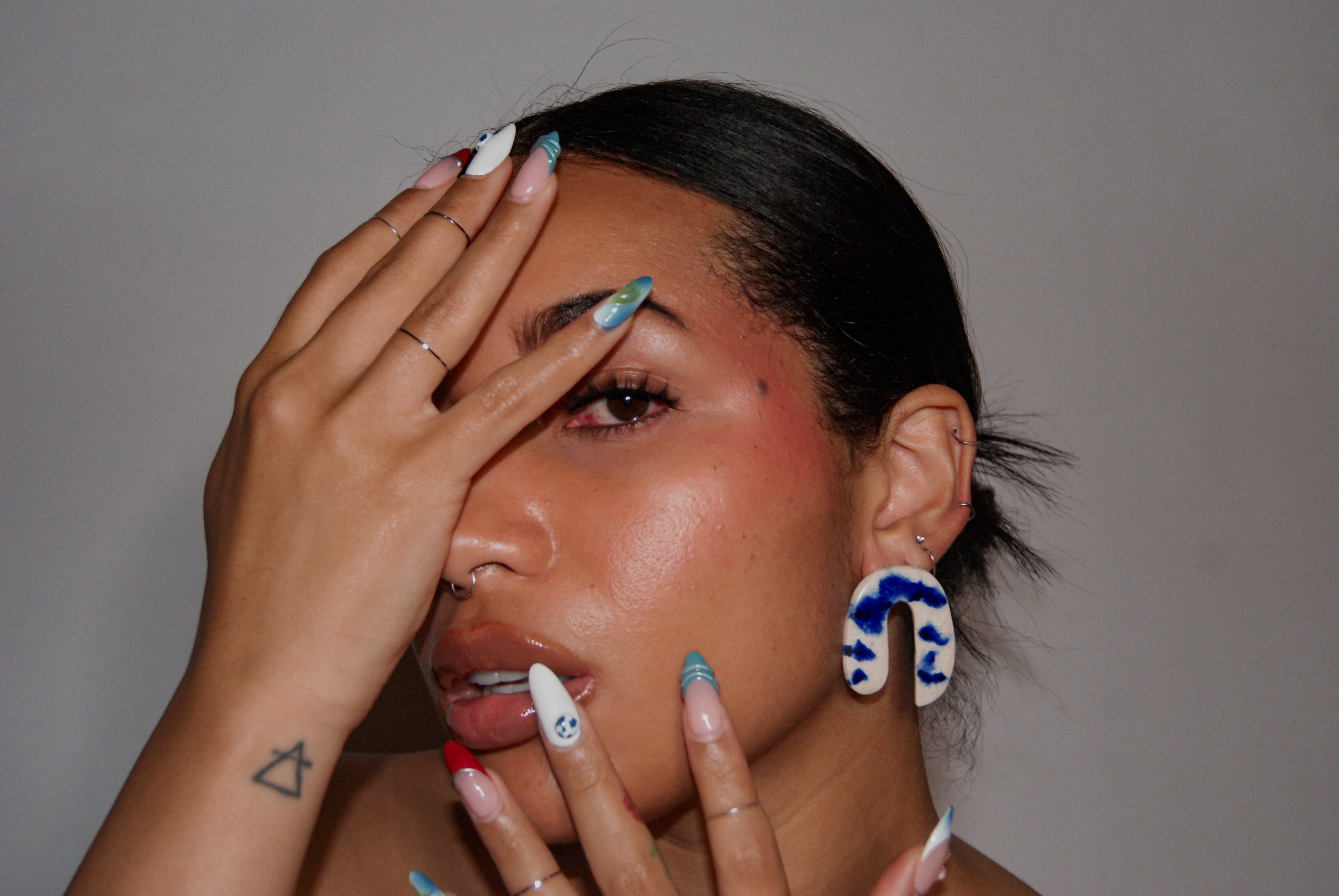 Blanca Olmos Studio Valentina Earrings Blue White u shape hand made spain albacete stud drop pattern ceramic stainless steel international slow fashion emerging designer global brand free delivery independent imported imitation costume jewelry accessory