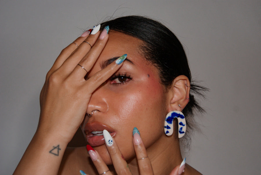 Blanca Olmos Studio Valentina Earrings Blue White u shape hand made spain albacete stud drop pattern ceramic stainless steel international slow fashion emerging designer global brand free delivery independent imported imitation costume jewelry accessory